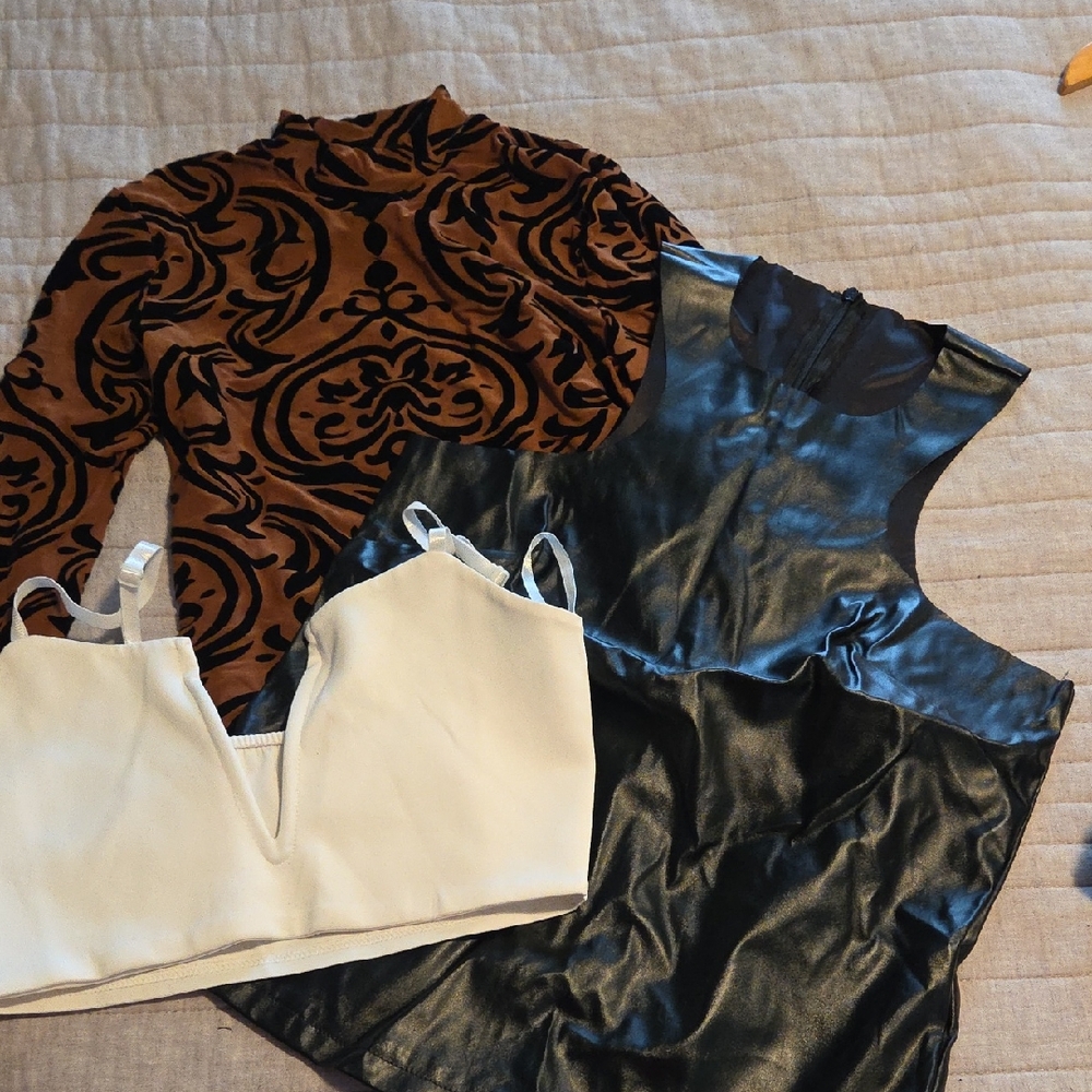 Brown Patterned Long Sleeve Top Black Leatheretre Tank &White Crop